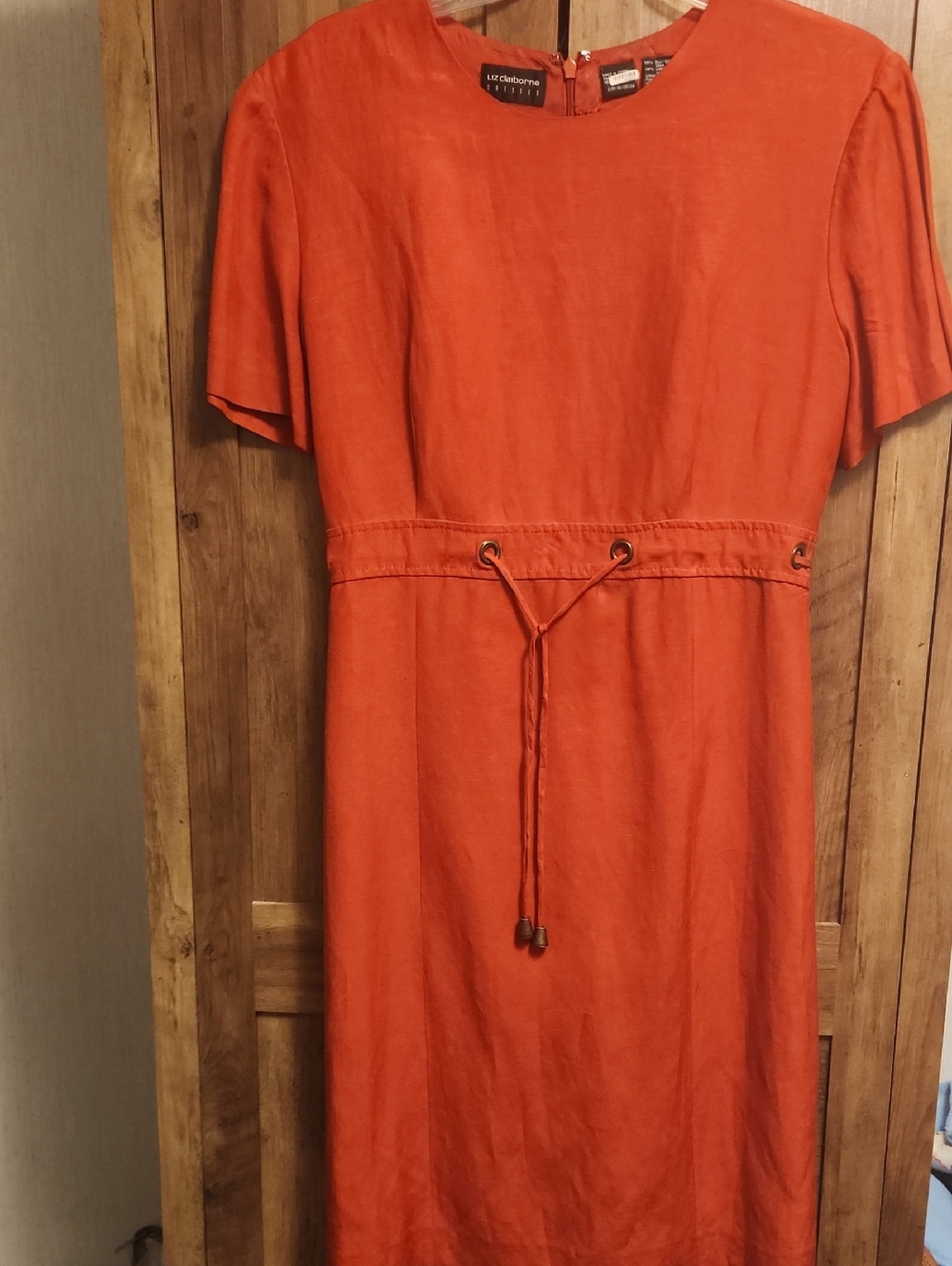 Liz Claiborne Reddish-Orange Linen & Silk Midi Drawstring Waist Dress